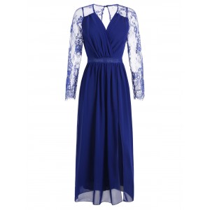 Raglan Sleeve Lace Panel Wrap Dress - Blueberry Blue